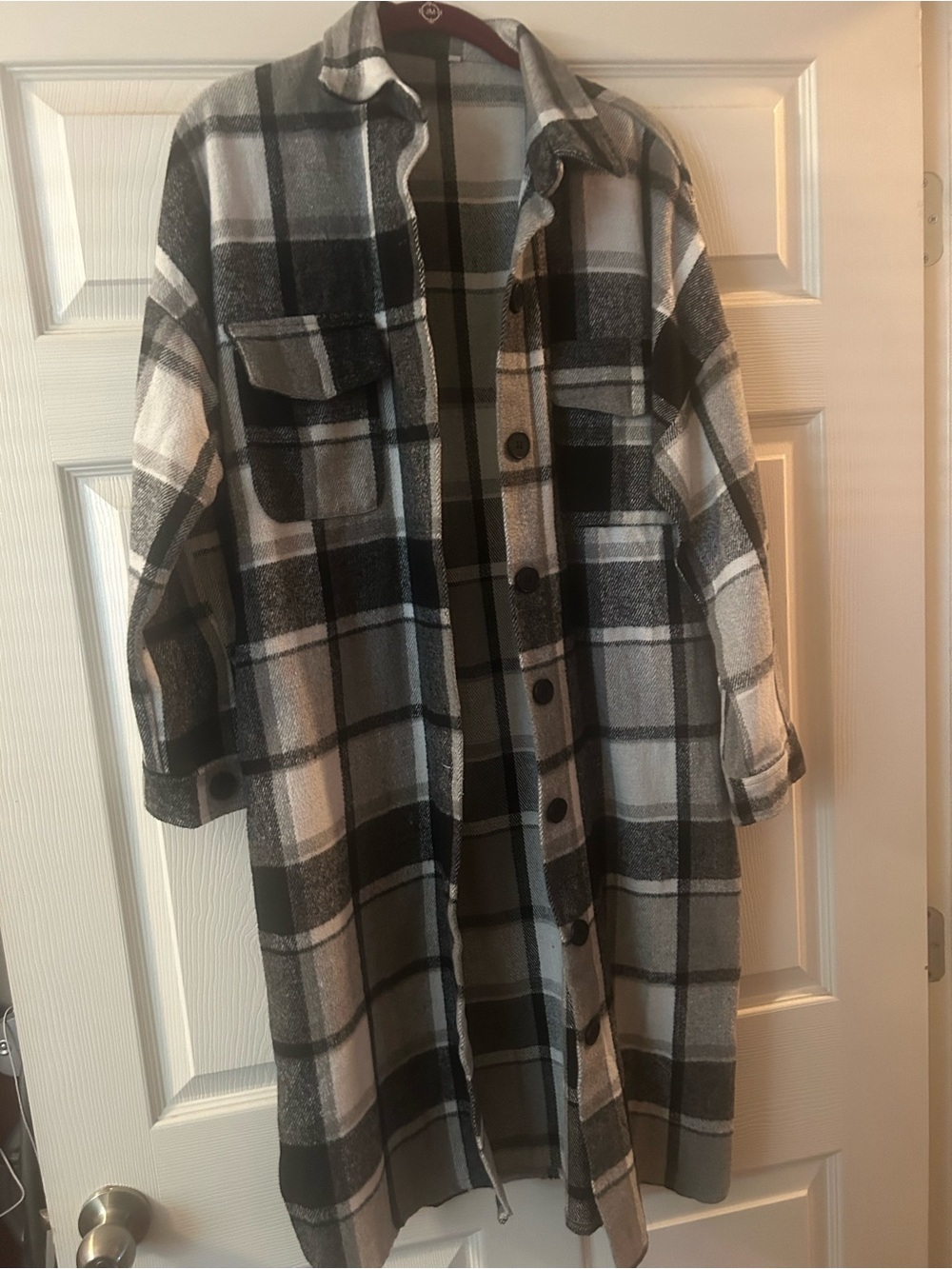 Long Oversized Plaid Shacket Jacket - Black & Gray